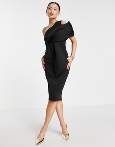 Платье-футляр миди черного цвета с драпировкой на плече ASOS DESIGN-Черный
