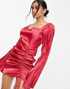 Розовое атласное платье мини со сборками и расклешенными рукавами Missguided-Розовый цвет