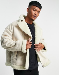 Светло-бежевая байкерская oversized-куртка с подкладкой из искусственного меха ASOS DESIGN-Blonde