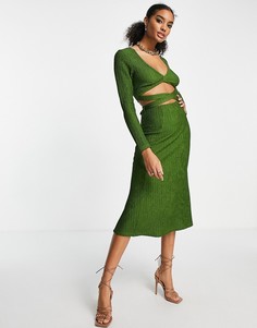 Темно-зеленое платье миди с длинными рукавами и вырезами на талии ASOS DESIGN-Зеленый цвет