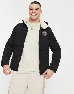 Черная дутая куртка с капюшоном и воротником из искусственного меха Jack & Jones-Черный цвет