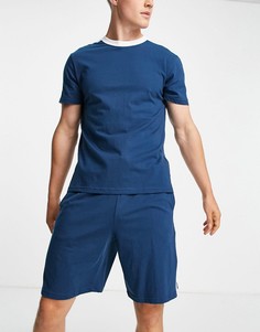 Темно-синяя пижама для дома из шорт и футболки с полосками по бокам ASOS DESIGN-Разноцветный