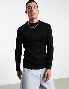 Черный вязаный джемпер в рубчик с рукавами реглан Topman Essential-Черный цвет