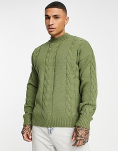 Вязаный oversized-джемпер цвета хаки с узором «косы» ASOS DESIGN-Зеленый цвет