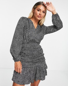 Присборенное платье мини черного цвета с запахом и принтом в горошек AX Paris-Черный цвет