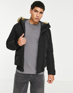 Черная короткая парка с искусственным мехом на капюшоне Jack & Jones Originals-Черный цвет