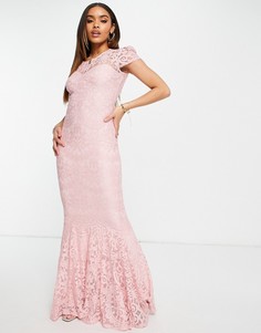 Светло-розовое платье макси с кружевной отделкой и юбкой годе Goddiva-Розовый цвет