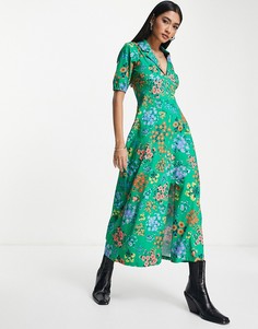 Зеленое чайное платье миди с воротником и цветочным принтом ASOS DESIGN-Зеленый