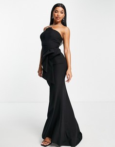 Черное платье-бандо макси с отделкой складками Goddiva-Черный цвет
