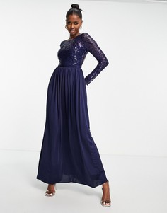 Темно-синее платье макси с декоративной отделкой и длинными рукавами Goddiva-Темно-синий