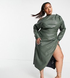 Платье миди из искусственной кожи с открытыми плечами и складками на лифе ASOS DESIGN Curve-Зеленый цвет