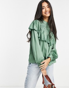Зеленая блузка с длинными рукавами и ажурной вышивкой River Island-Зеленый цвет