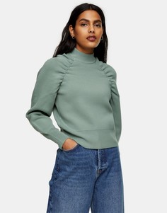 Трикотажный джемпер со сборками на рукавах Topshop-Зеленый цвет
