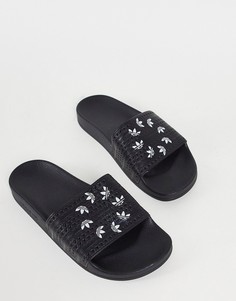 Черные шлепанцы с повторяющимся логотипом adidas Originals Adilette-Черный