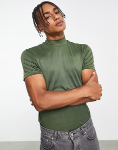 Облегающая футболка цвета хаки в мелкий рубчик с высоким воротом ASOS DESIGN-Зеленый цвет