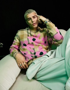 Вязаный клетчатый джемпер с цветочным узором ASOS DESIGN-Коричневый цвет