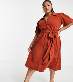 Платье-рубашка рыжего цвета с поясом ASOS DESIGN Curve-Коричневый цвет