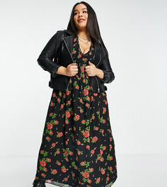 Черное свободное платье миди с гофрированными манжетами и цветочным принтом ASOS DESIGN Curve-Разноцветный