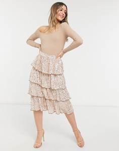 Нежно-розовая ярусная юбка-миди с отделкой пайетками Miss Selfridge-Розовый цвет