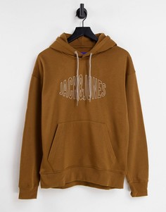 Светло-коричневый худи в стиле oversized с вышитым логотипом на груди Jack & Jones Originals-Коричневый цвет