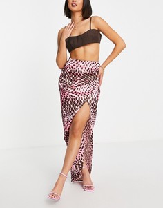 Атласная юбка миди с разрезом и геометрическим принтом First Distraction The Label-Разноцветный