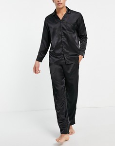 Атласный домашний пижамный комплект из рубашки и брюк ASOS DESIGN-Черный цвет