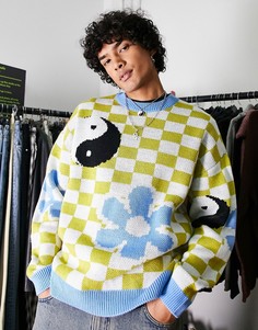 Трикотажный джемпер в шахматную клетку с принтом символа инь-ян ASOS DESIGN-Разноцветный