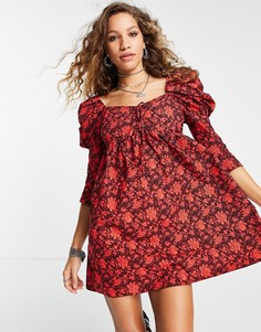 Красное платье мини с объемными рукавами и цветочным принтом Topshop-Красный