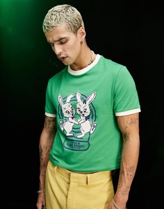 Зеленая футболка узкого кроя с окантовкой по горловине и рукавам и принтом мультяшного кролика ASOS DESIGN-Зеленый цвет