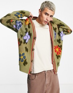 Трикотажный кардиган цвета хаки с цветочным принтом ASOS DESIGN-Зеленый цвет