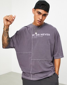 Черная выбеленная oversized-футболка с надписью и декоративными швами ASOS DESIGN-Черный цвет