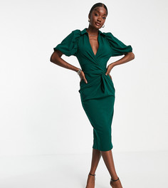 Платье-рубашка миди с декоративным узлом и запахом бутылочно-зеленого цвета ASOS DESIGN Tall-Зеленый цвет