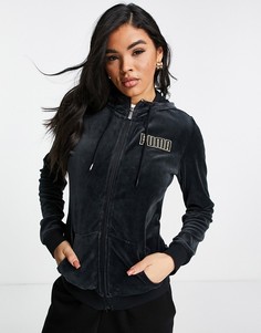 Базовый худи из велюра на сквозной молнии черного и золотистого цветов Puma Modern-Черный цвет
