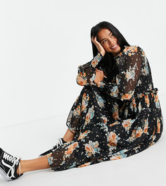 Платье миди с эластичным лифом, высоким воротом и цветочным принтом Miss Selfridge Petite-Разноцветный
