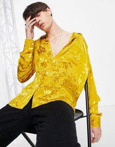 Горчичная атласная рубашка стандартного кроя с жаккардовым цветочным рисунком ASOS DESIGN-Желтый