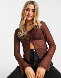 Сетчатый топ шоколадного цвета на пуговицах со сборками спереди Topshop-Коричневый цвет