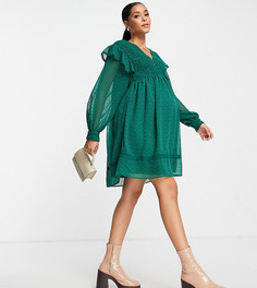 Бутылочно-зеленое платье мини с присборенной юбкой, кружевными вставками и сборками ASOS DESIGN Maternity-Зеленый цвет