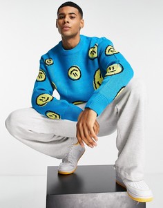 Жаккардовый вязаный джемпер бирюзового цвета с рисунком смайликов Jack & Jones-Голубой