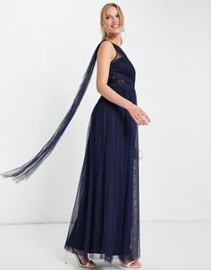 Темно-синее платье макси на одно плечо с бантом Little Mistress Bridesmaid Karter-Темно-синий