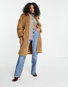 Коричневое длинное пальто из искусственного меха Topshop-Коричневый цвет
