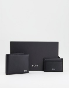 Черный кожаный бумажник и кредитница в подарочном наборе BOSS-Черный цвет