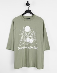 Футболка цвета хаки из органического хлопка в стиле oversized с принтом гор на спине ASOS DESIGN-Зеленый цвет