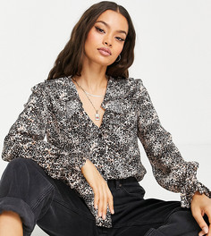 Блузка с длинными рукавами, оборками и звериным принтом Topshop Petite-Разноцветный
