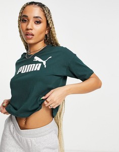 Темно-зеленая укороченная футболка Puma Essentials-Зеленый цвет