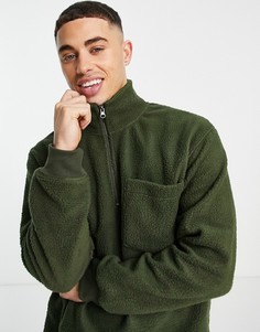 Флисовый джемпер цвета хаки с воротником на молнии Selected Homme-Зеленый цвет