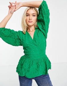 Ярко-зеленая блузка с запахом и пышными рукавами Pieces-Зеленый цвет