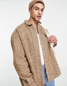 Коричневая рубашка в стиле extreme oversized с добавлением шерсти с узором «в елочку» ASOS DESIGN-Коричневый цвет