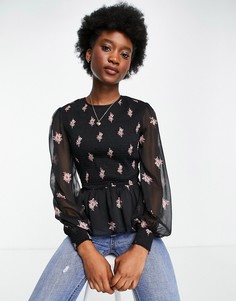 Блузка со сборками и цветочным принтом Miss Selfridge-Черный цвет