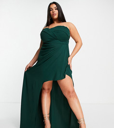 Изумрудно-зеленое платье макси со спущенными плечами и асимметричным краем Yaura Plus-Зеленый цвет