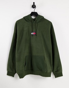 Зеленый флисовый худи свободного кроя с нашивкой Tommy Jeans-Зеленый цвет